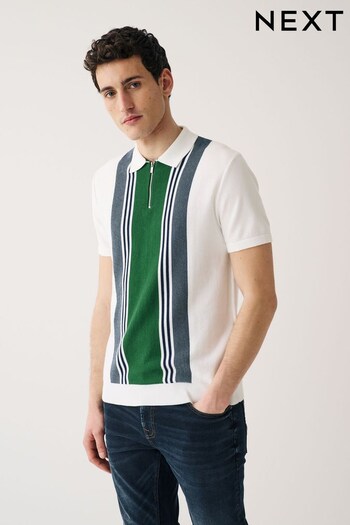 White/Green Knitted Stripe Polo Shirt (C35575) | £32