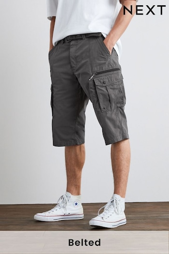 Charcoal Grey Long Length Belted Cargo SPOTS Shorts (C35658) | £35