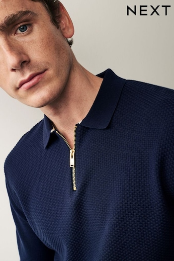 Navy Blue Regular Knitted Textured Zip Neck Polo Shirt (C36133) | £36