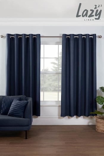 Lazy Linen Navy Blue Lazy Linen 167x183cm 100% Washed Linen Eyelet Curtains (C36191) | £79