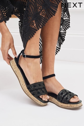 Black Extra Wide Fit Forever Comfort® Leather Platform Sandals with Woven Detail (C36379) | £42