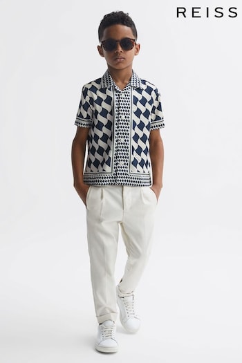 Reiss Navy/Ivory Devaroe Junior Cuban Collar Short Sleeve Shirt (C37325) | £42