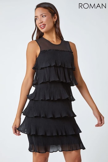 Roman Black Sleeveless Pleated Tiered Chiffon Dress (C37396) | £55