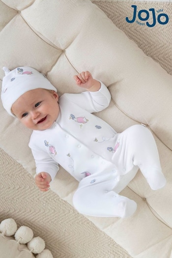JoJo Maman Bébé White Jemima Puddle-Duck Cotton Baby Sleepsuit & Hat Set (C37592) | £26