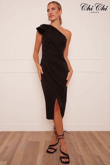 Chi Chi London Black One Shoulder Wrap Detail Midi Sleeveless Dress (C37639) | £78