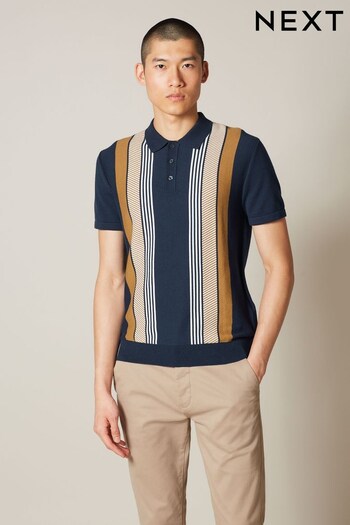 Navy Blue/Camel Brown Knitted Stripe Polo Shirt (C37671) | £30