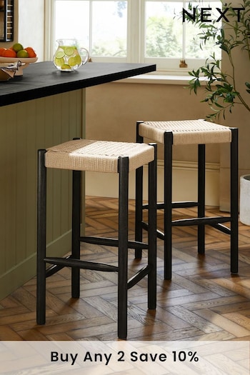 Set of 2 Black Wood Woven Oslo Fixed Height Non Arm Bar Stools (C38281) | £190