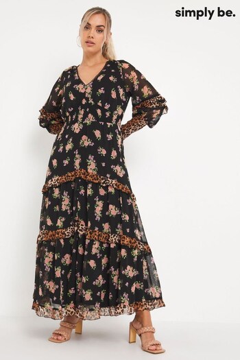 Simply Be Black Floral Tiered Mixed Print Maxi Dress (C38628) | £60
