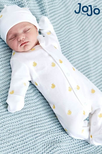 JoJo Maman Bébé Yellow Duck Embroidered Cotton Baby Sleepsuit (C38804) | £21