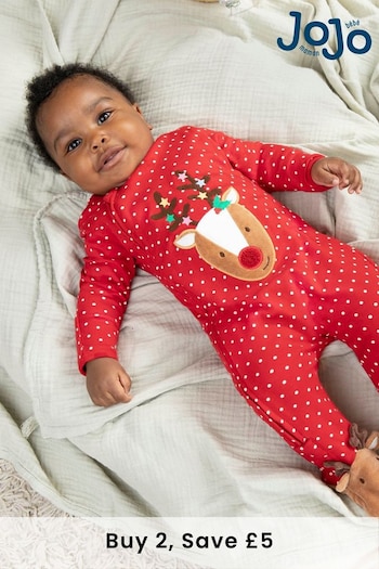 JoJo Maman Bébé Red Reindeer Appliqué Zip Cotton Baby Sleepsuit (C38870) | £23