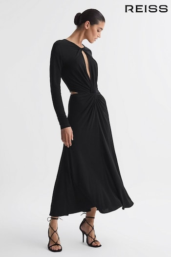 Reiss Black Faye Twist Cut-Out Midi Dress (C38957) | £248