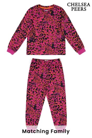 Chelsea Peers Pink Kids' Recycled Fibre Pink Hidden Leopard Print Long Pyjama Set (C39065) | £28