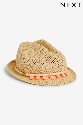 Pink Pom Pom Straw Trilby Hat (3-16yrs) (C39858) | £9 - £12