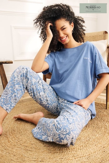 Morris & Co Blue Floral Cotton Short Sleeve Pyjamas (C39925) | £35