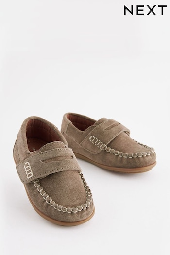 Stone Standard Fit (F) Leather Penny Loafers with Touch & Close Fastening (C40096) | £14 - £17