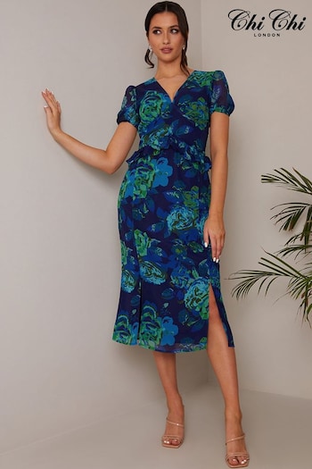 Chi Chi London Blue Petite Puff Sleeve Ruffle Detail Floral Midi Dress (C40135) | £60