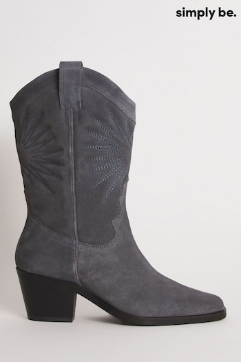 Simply Be Grey Wide Embroidered Stitch Calf Western Boots (C40180) | £65