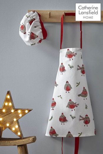 Catherine Lansfield Red Christmas Robins Cotton Kids Matching Apron And Hat (C40345) | £10