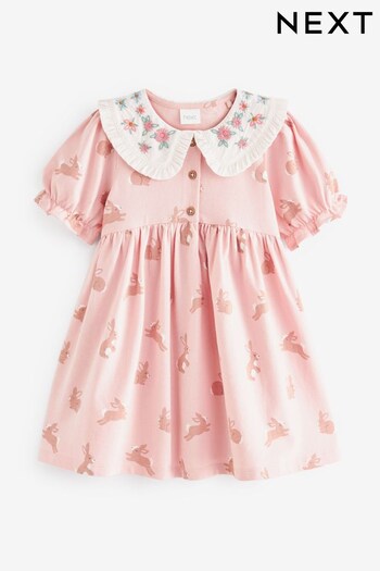 Pink Bunny Peter Pan Collar Puff Sleeve Cotton Jersey Dress (3mths-7yrs) (C40484) | £11 - £13