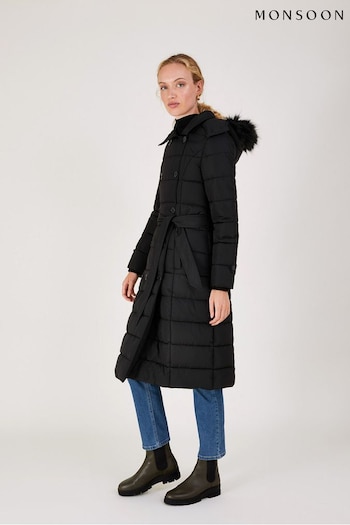 Monsoon Roxy Padded Black Belted Coat With Recycled Polyester (C40734) | £160