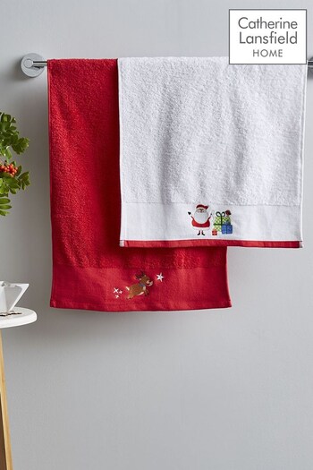 Catherine Lansfield Set of 2 Red Santa's Christmas Reindeer And Presents Cotton Towels (C40994) | £16