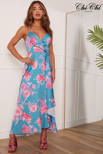 Chi Chi London Natural Cami Floral Wrap Midi Dip Hem Dress (C41035) | £70