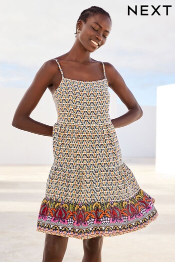 Ecru Woodblock Mini Tiered Cami Summer Dress (C41037) | £18