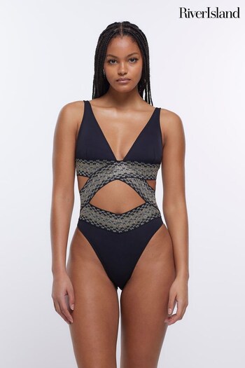 River Island Black Plunge Wrap Elastic Swimsuit (C41266) | £40