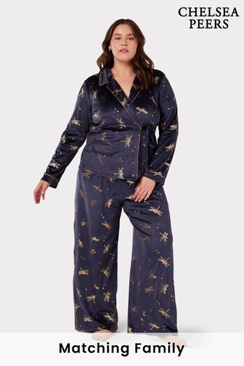 Chelsea Peers Blue Curve Velour Foil Dragonfly Print Long Pyjama Set (C41459) | £60
