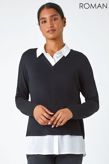 Roman Black Shirt Collar Stretch Top (C41537) | £32