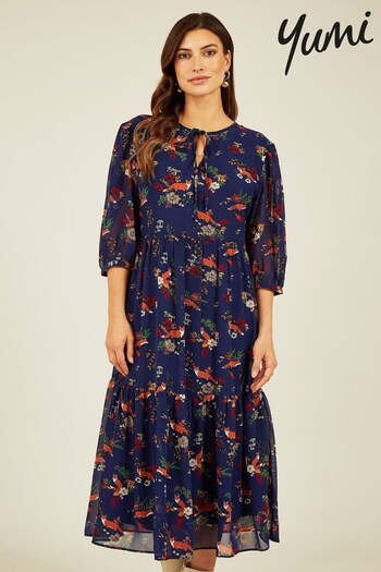 Yumi Blue Fox Print 3/4 Sleeve Boho Midi Dress (C42044) | £45