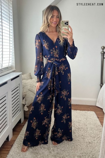 Style Cheat Navy Floral Carly Wide Leg Wrap Jumpsuit (C42220) | £75