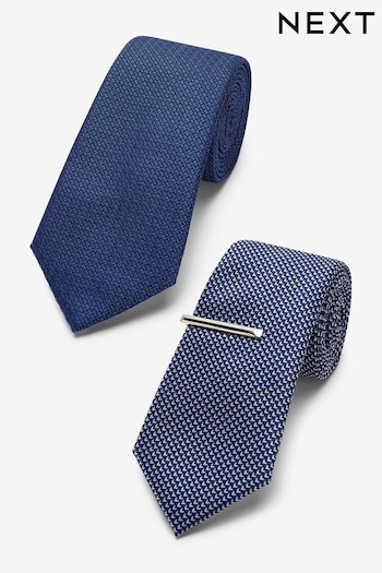 Blue Textured Tie With Tie Clips 2 Pack (C42365) | £20