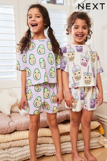 Lilac Purple/Cream Avocado/Bubble Tea Character 2 Pack Short Pyjamas (3-16yrs) (C42605) | £20 - £28