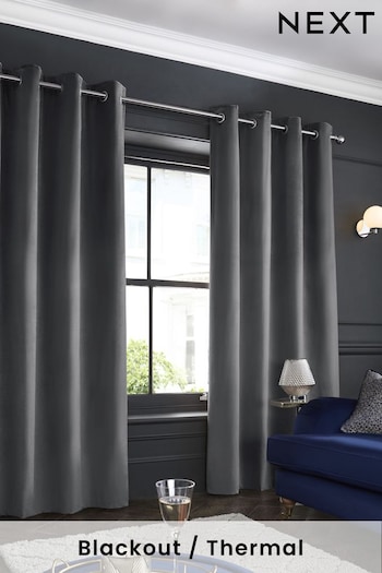 Charcoal Grey Matte Velvet Blackout/Thermal Eyelet Curtains (C43207) | £50 - £135