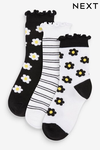Black and White 3 Pack Cotton Rich Floral Ruffle Socks (C43247) | £6.50 - £7.50