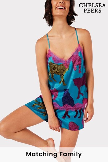 Chelsea Peers Blue Satin Leopard Print Cami Short Pyjama Set (C43271) | £35