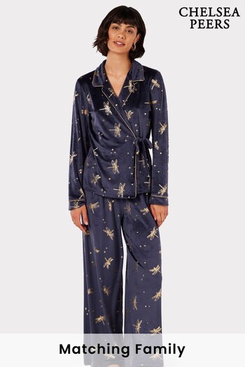 Chelsea Peers Blue Velour Foil Dragonfly Print Long Pyjama Set (C43302) | £60