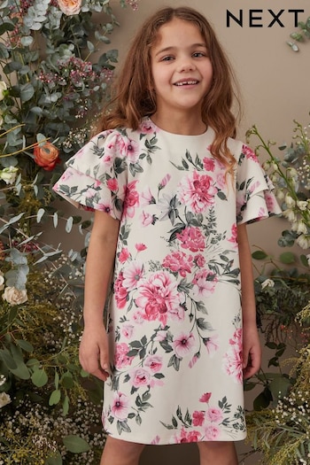 Ivory White/Pink Floral Scuba Occasion Dress (1.5-16yrs) (C43706) | £15 - £21