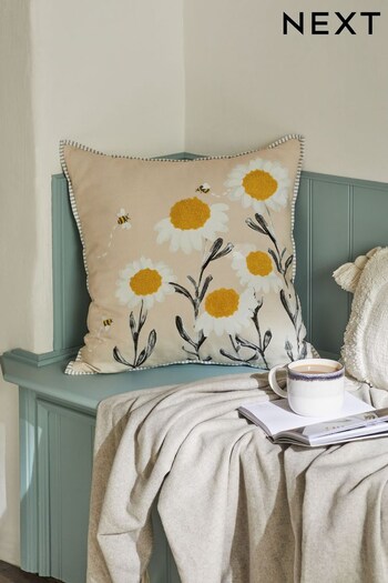 Light Natural Square Daisy Bee Embroidered Cushion (C43746) | £18