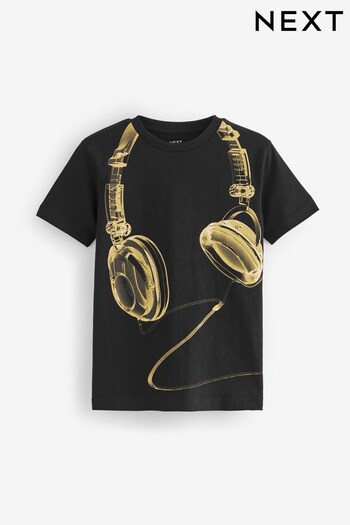 Black/Gold Headphones Short Sleeve Graphic T-Shirt (3-16yrs) (C43991) | £7 - £12