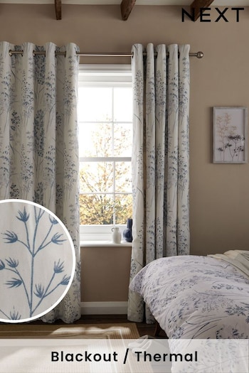 White/Blue Floral CerbeShops Cotton Floral Eyelet Blackout/Thermal Curtains (C44296) | £50 - £110