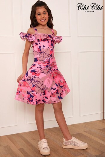 Chi Chi London Pink Older Girls Frill Abstract Floral Midi Dress (C44580) | £95
