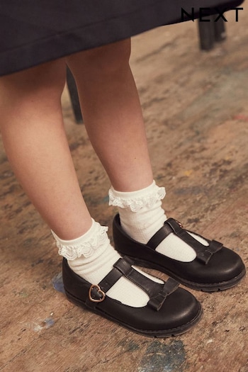 Black Wide Fit (G) School Junior Bow T-Bar Ink Shoes (C45004) | £18 - £24