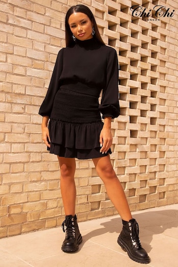 Chi Chi London Black Shirred Ruffle Mini Skirt (C45296) | £45
