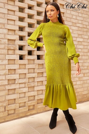 Chi Chi London Green Long Sleeve Shirred Maxi Dress (C45431) | £58