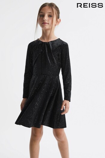 Reiss Black Gweneth Senior Velour Sparkly Flared Dress (C45475) | £60