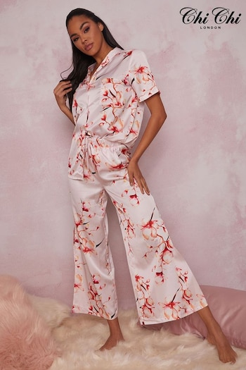 Chi Chi London Pink Oriental Floral Print Pyjama Set (C45616) | £42