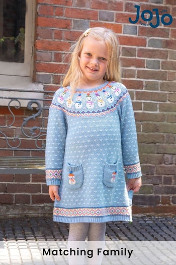 JoJo Maman Bébé Blue Snowman Fair Isle Knitted Dress (C45764) | £32