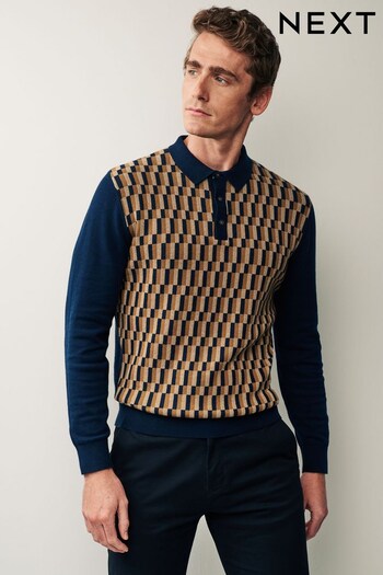 Navy Blue/Tan Brown Knitted Pattern Long Sleeve Polo Shirt (C45810) | £34